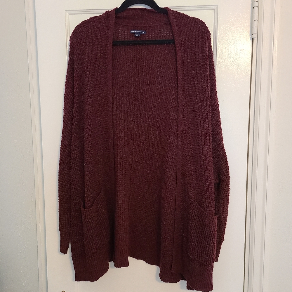 American Eagle fuzzy knit maroon cardigan